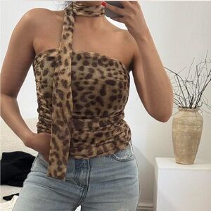 Zara Leopard Print Strapless Scarf Tie Top - Brown